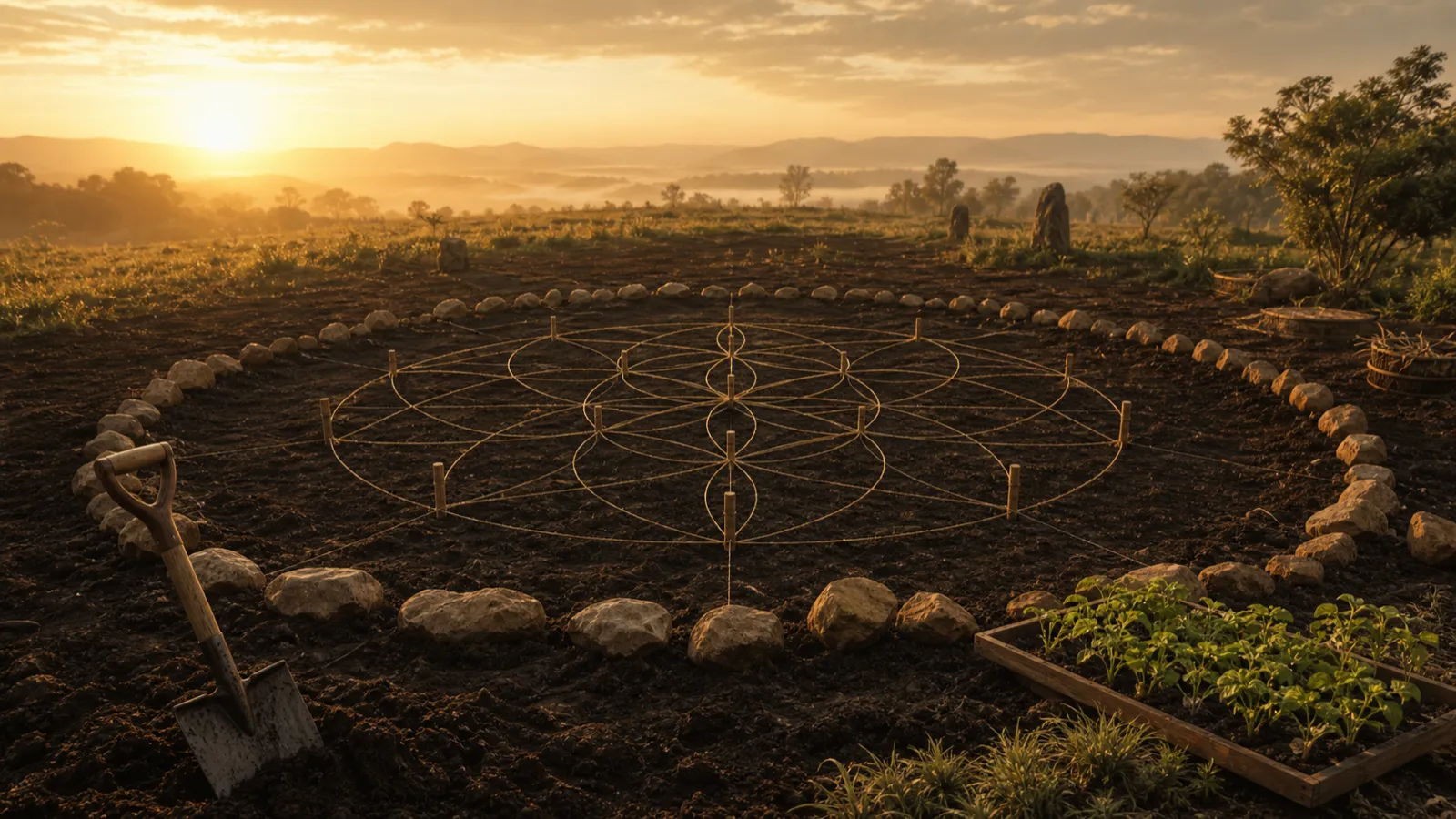 Freshly turned earth at dawn with stones, stakes, and twine marking a flower-of-life temple ground plan beside a spade and seedlings