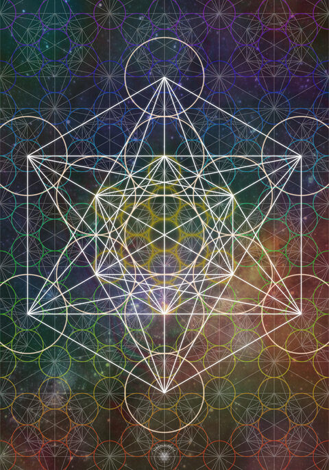 Fractal Metatron ceremony mat — Metatron's Cube in sacred geometry over a cosmic starfield