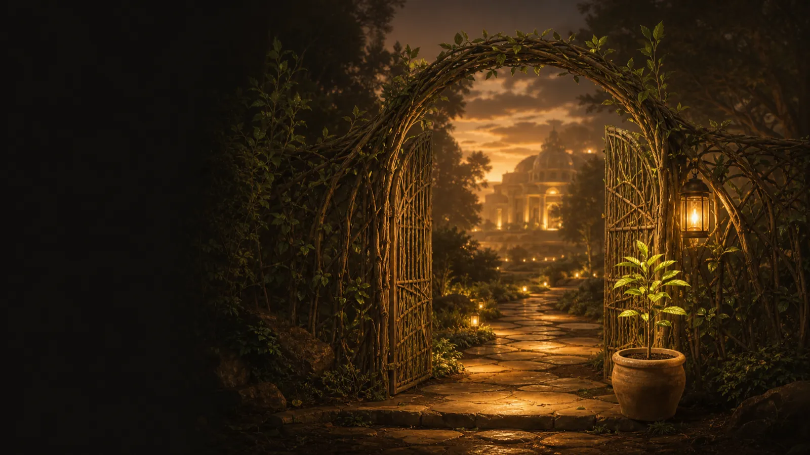 An open garden gate of woven living branches at dusk, with a gold-lit path toward a distant temple and a potted sapling beside the threshold